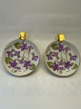 Pair Vintage Mitterteich Bavaria Germany #41 Gold Trim Purple Flowers Ashtrays